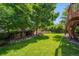 Spacious backyard featuring a lush lawn, mature trees, and a wooden fence providing privacy at 735 Poppy Pl, Highlands Ranch, CO 80129