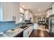Modern kitchen with white cabinets, concrete countertops, and stainless steel appliances overlooking a dining area at 586 S Corona St, Denver, CO 80209