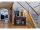Foyer area featuring hardwood floors, a decorative console table, and a staircase leading to the upper level at 474 Rose Finch Cir, Highlands Ranch, CO 80129