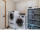 Well-organized laundry room with modern washer and dryer units, shelving, and ample storage space for laundry supplies at 474 Rose Finch Cir, Highlands Ranch, CO 80129