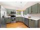 A well-lit kitchen features stainless steel appliances, light green cabinets, and hardwood floors, with a window view at 11777 Elizabeth Cir, Thornton, CO 80233