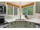 A close-up view of a kitchen corner featuring stainless steel appliances and verdant outside views through two windows at 11777 Elizabeth Cir, Thornton, CO 80233