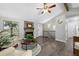Inviting living room with a striking stone fireplace, wood floors, and abundant natural light at 6779 W 79Th Cir, Arvada, CO 80003