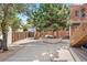 Spacious backyard featuring concrete patio, wooden fences, and mature trees at 122 N Logan St, Denver, CO 80203