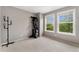 Neutral bedroom features two windows offering natural light, complemented by gray walls and carpet at 9503 Longs Peak Dr, Commerce City, CO 80640