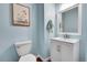 Powder room with blue walls, white vanity, framed mirror, toilet, and artwork of penguins in a bathtub at 14332 Craftsman Way, Broomfield, CO 80023