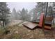 Unique bench amidst the forest. Perfect for relaxation and enjoying the surrounding nature at 4923 Snowberry Ln, Evergreen, CO 80439