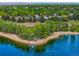 Breathtaking aerial view of homes by a lake surrounded by trees, with the city skyline in the background at 7955 S Bemis St, Littleton, CO 80120