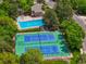 Aerial view showcasing a community pool and tennis courts nestled among lush trees for residents' enjoyment at 7955 S Bemis St, Littleton, CO 80120
