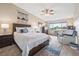 Bright bedroom with plush carpet, large window, ceiling fan and a comfortable bed with stylish bedding at 9625 E Center Ave # 5D, Denver, CO 80247