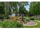 Scenic view of the community garden with mature trees, vibrant flowers, and water fountain at 9625 E Center Ave # 5D, Denver, CO 80247