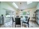 Bright dining area with skylights, a ceiling fan, and sliding glass doors to the patio at 2424 S Jasmine St, Denver, CO 80222