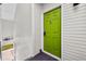 Close-up of a vibrant green front door with modern hardware and neutral siding at 1150 Inca St # 25, Denver, CO 80204