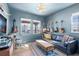 Cozy living room with blue walls, unique lighting, and a collection of guitars displayed at 1240 Starglow Pl, Highlands Ranch, CO 80126