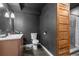 Contemporary bathroom with dark walls, updated tile shower, and modern fixtures at 7398 E Windlawn Way, Parker, CO 80134