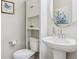 Neat powder room with a pedestal sink, toilet, and decorative wall art at 9807 Rosalee Peak St, Littleton, CO 80125