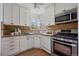 Kitchen with white cabinets, granite countertops, stainless steel appliances, and tiled backsplash at 1439 Dexter St, Denver, CO 80220