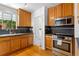 Cozy kitchen showcasing stainless steel appliances, tile backsplash, and wooden cabinetry at 1040 S Elizabeth St, Denver, CO 80209