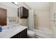 Traditional bathroom features a vanity, toilet, shower-tub combination and cabinet for storage at 2154 S Joplin Way, Aurora, CO 80013