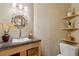 Stylish powder room with vessel sink, decorative mirror, and floating shelves at 4305 Easley Rd, Golden, CO 80403