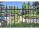 View of a community pool and hot tub area behind a wrought iron fence, surrounded by landscaping and lounge furniture at 3727 Cactus Creek Ct # 204, Highlands Ranch, CO 80126