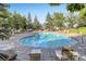Outdoor pool with surrounding lounge chairs, mature trees, and blue water at 3727 Cactus Creek Ct # 204, Highlands Ranch, CO 80126