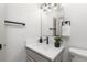 Modern bathroom featuring a vanity with black fixtures, a mirror, and bright lighting at 5814 Cole Way, Arvada, CO 80004