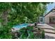 A refreshing swimming pool surrounded by lush greenery with stone steps and mature trees at 17 E Belleview Ln, Greenwood Village, CO 80121