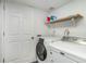 Laundry room with washer, dryer, and shelving with storage above appliances at 20604 E 38Th Pl, Denver, CO 80249
