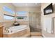 Bright bathroom featuring a soaking tub, a glass-enclosed shower, and a wall-mounted television at 4788 Silver Pine Dr, Castle Rock, CO 80108