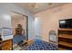 Bedroom features a blue patterned rug, television, and a sliding mirrored closet at 3670 Ivanhoe St, Denver, CO 80207