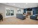 Spacious carpeted living room with fireplace and sliding glass doors at 8268 W Caley Pl, Littleton, CO 80123