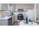 Efficient kitchen with stainless steel appliances, light gray cabinets, and lots of natural light at 46533 Avery Ln, Bennett, CO 80022
