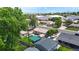 Aerial view of neighborhood homes with green lawns, lush landscaping, and mature trees at 1741 W 55Th Pl, Denver, CO 80221