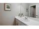 Well-lit half bathroom featuring updated vanity with decorative artwork at 27857 E 8Th Ave, Aurora, CO 80018