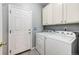 Functional laundry room with white washer, dryer, and storage cabinets at 22026 Hill Gail Way, Parker, CO 80138
