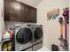 Modern laundry room with a front-load washer/dryer and dark cabinets at 398 Midden Pl, Castle Rock, CO 80104
