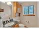 Bathroom featuring granite countertop, wood cabinets, and a window for natural light at 9590 S Warhawk Rd, Conifer, CO 80433
