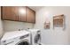 Efficient laundry room featuring front-load machines, upper cabinets, and charming decorative touches at 1426 S Pearl St, Denver, CO 80210