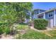Backyard with lush green grass, mature trees, and a cozy deck with steps at 1201 Trout Creek Cir, Longmont, CO 80504