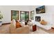 Bright living room featuring a fireplace, tan sofa, and scenic views through large windows at 4 Oakmont Ln, Littleton, CO 80127