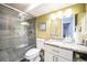 Modern bathroom featuring sleek glass shower, granite countertops, and contemporary lighting at 1155 N Ash St # 806, Denver, CO 80220
