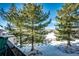 Deck overlooks a snowy backyard with tall pine trees at 3383 Mount Royal Dr # 46, Castle Rock, CO 80104