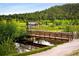 Scenic bridge over a serene lake, surrounded by lush trees and a picturesque landscape at 29822 Troutdale Scenic Dr, Evergreen, CO 80439