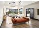 Bright open-concept living room with vaulted ceilings, large windows with beautiful mountain views, and modern furniture at 29822 Troutdale Scenic Dr, Evergreen, CO 80439