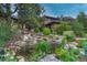 Beautifully landscaped pond with a waterfall feature, lush greenery, and a walkway leading to the house at 2597 Oak Vista Ct, Castle Rock, CO 80104