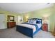 Cozy main bedroom with blue bedding and an ensuite bathroom view at 6584 S Sedalia St, Aurora, CO 80016