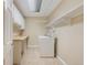 Functional laundry room with white appliances, countertop space, and built-in shelving at 2552 E Alameda Ave # 74, Denver, CO 80209