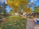 Spacious backyard with mature trees, a stone patio and beautiful landscaping creates a perfect space for outdoor entertaining at 7162 S Fillmore Cir, Centennial, CO 80122