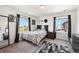 Bedroom with two windows, a bed with a grey and white striped comforter, dark curtains and a geometric area rug at 14419 Dahlia St, Thornton, CO 80602